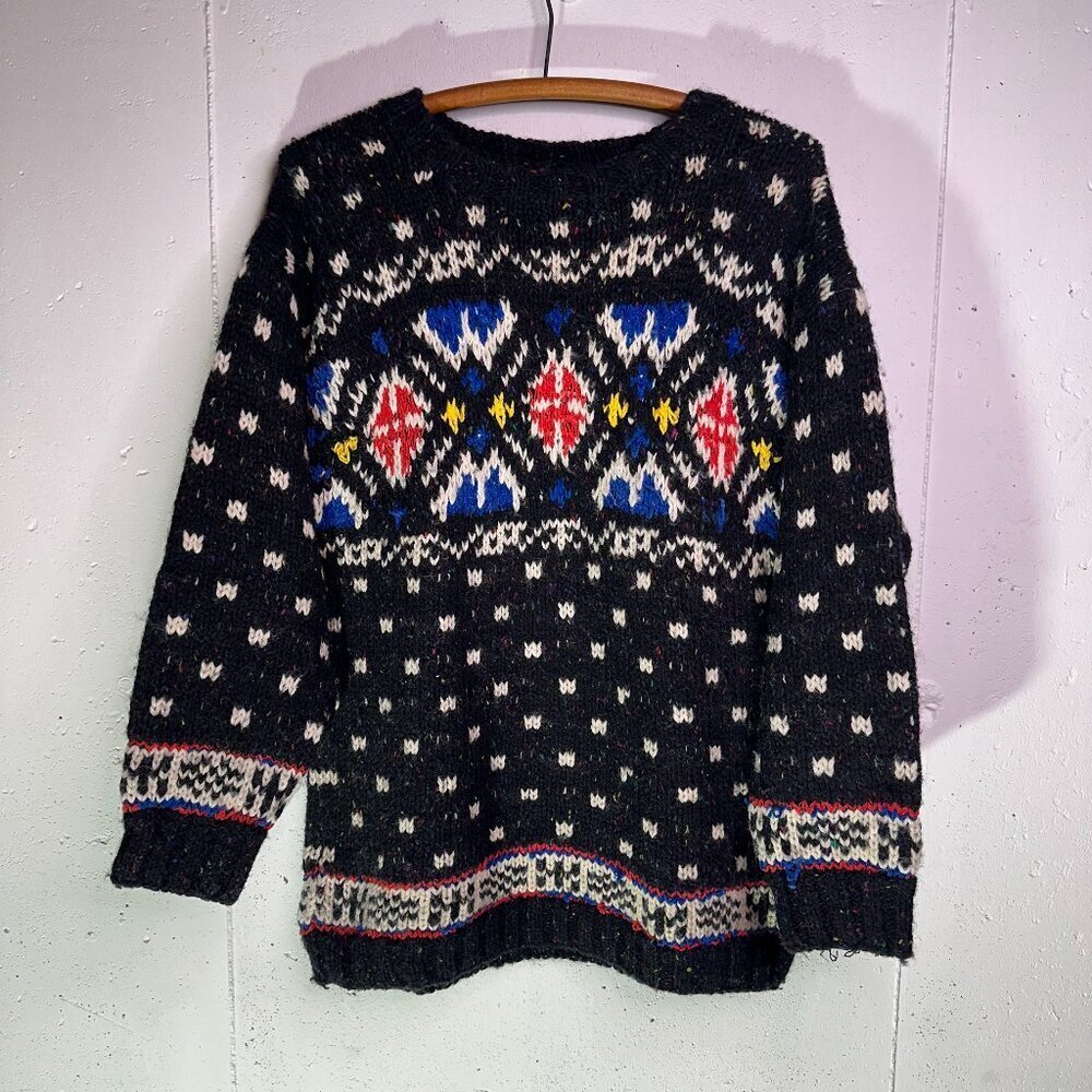 Vintage 90s Liz Claiborne Sport Chunky Fair Isle Colorful Wool Sweater Size S